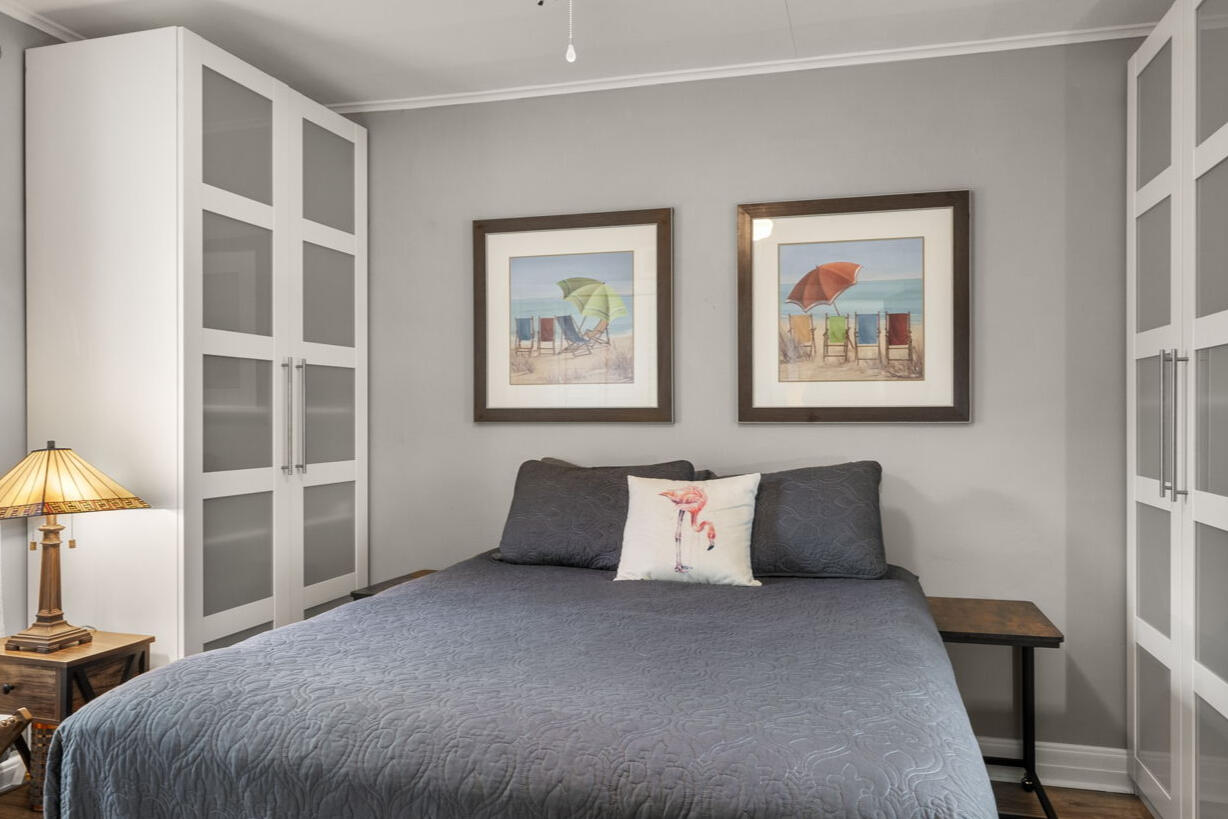 Jasper House bedroom Furnished Jasper House bedroom with queen bed, built-in storage and natural light